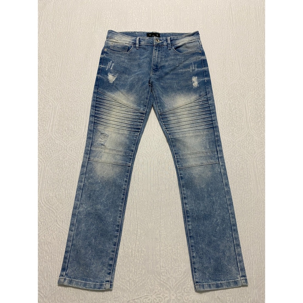 WT02 Moto Biker Jeans Men's Size 30x30 Blue Skinny‎ Stretch Distressed Ribbed